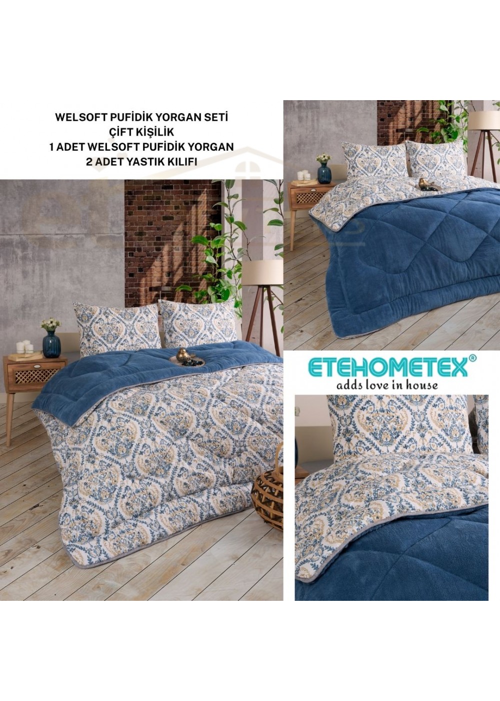 ETE HOMETEX ÇİFT KİŞİLİK LÜX WELSOFT YORGAN SETİ 195X215CM AKSU İNDİGO 8696474231943
